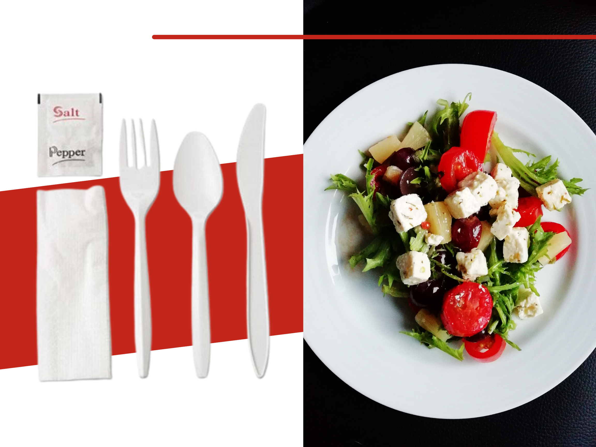 Creative image of a salad beside a white plastic flatware kit for a to go meal.